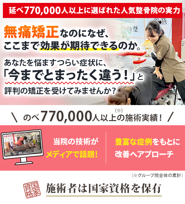 延べ770,000人以上に選ばれた人気整骨院の実力  無痛矯正なのになぜ、ここまでの効果が期待できるのか。 あなたを悩ますつらい症状に、 「今までとまったく違う」と評判の矯正を受けてみませんか？